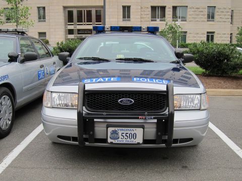 1991 Ford LTD Crown Victoria - Front view of a silver Virginia State Police Ford Crown Victoria with push bar and license plate reading 5500.