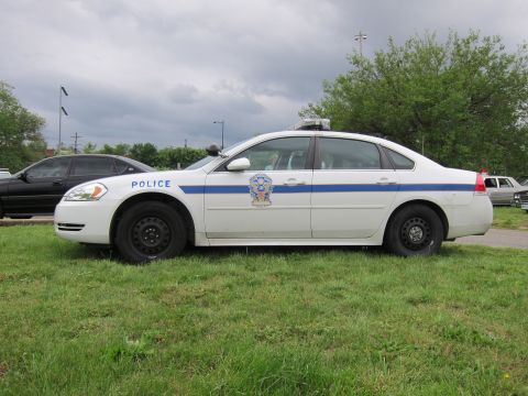 1991 Ford LTD Crown Victoria - white police interceptor sedan with a blue accent stripe and a police badge decal sits on grass under a cloudy sky.
