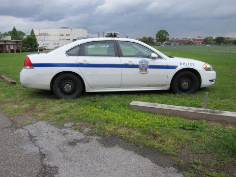 1991 Ford LTD Crown Victoria - white Chevrolet Impala police sedan with blue stripe and roof light bar parked on grass by pavement.