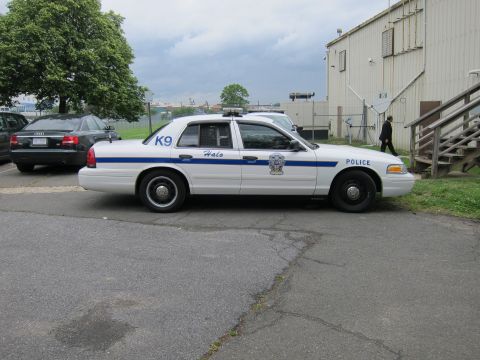 1991 Ford LTD Crown Victoria - white Ford Crown Victoria police sedan marked K9 Police with blue stripe parked near a building.