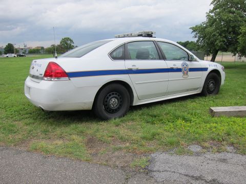 1991 Ford LTD Crown Victoria - white Chevrolet Impala police sedan with blue stripe and roof light bar parked on grass.