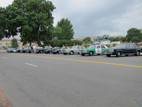 1991 Ford LTD Crown Victoria - long lineup of vintage police cars, including green, black and silver sedans, parked along a street near the Mall.