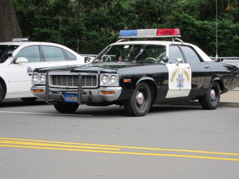 1991 Ford LTD Crown Victoria - black-and-white highway patrol cruiser with a brush guard and gold star door emblem on a street, white car behind it.