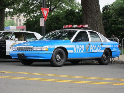 1991 Ford LTD Crown Victoria - light blue NYPD police sedan with a white body stripe and red roof lights parked curbside under trees.