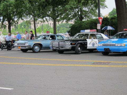 1991 Ford LTD Crown Victoria - lineup of vintage and modern police cars and motorcycles parked along a street with onlookers and trees.
