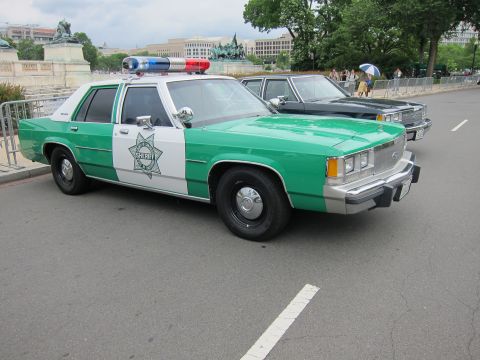 1991 Ford LTD Crown Victoria - green-and-white sheriff sedan with a star door emblem and roof light bar parked near a monument and trees.