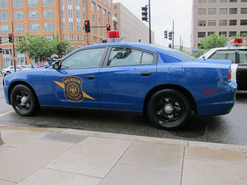 1991 Ford LTD Crown Victoria - Side profile of a blue Michigan State Police sedan with gold star emblem parked along a wet downtown sidewalk.