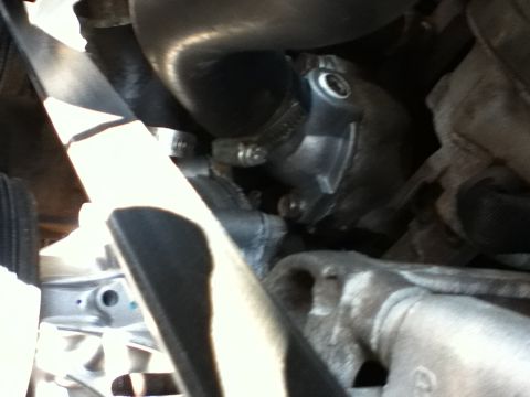 1994 Ford Bronco - Engine water pump housing detail, showing hoses and drive belt components.