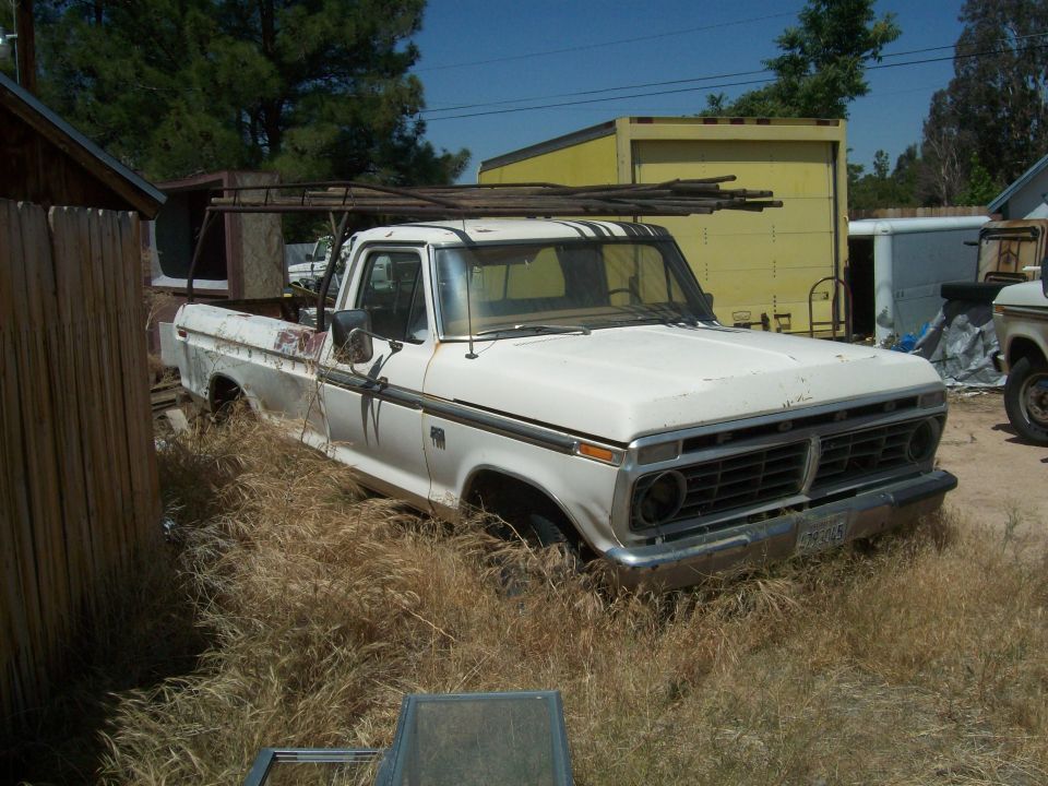 White 1975 Ford pickup truck front 3/4 view, overgrown with weeds