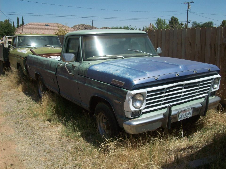 Two old Ford pickup trucks parked in grass. Front one has blue hood and fenders, green cab
