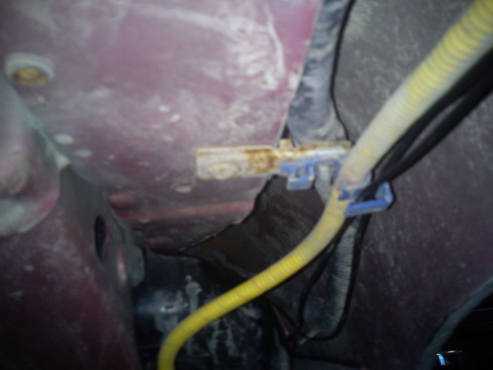 Close-up of a blue plastic clip holding a yellow wire loom against a red car body panel