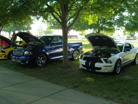 2007 Ford Mustang - A white 2007 Ford Mustang with blue racing stripes is parked on grass with its hood open, alongside other vehicles.