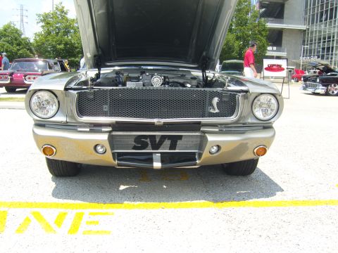 2007 Ford Mustang - A classic silver 1967 Ford Mustang Shelby GT500 is displayed with its hood open, revealing the engine and SVT badging.