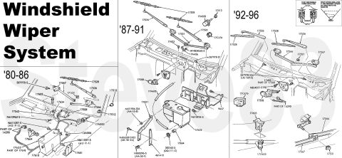 1983 Ford Bronco - '80-96 Wipers (diesel spray tank is on right wheelwell) IF THE IMAGE IS TOO SMALL, click it. ERROR: the J-hook wiper arms (F4TZ17526A) show…