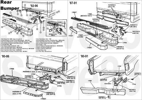 1983 Ford Bronco - '80-96 Rear Bumpers IF THE IMAGE IS TOO SMALL, click it. 1) Pad upper ('92-96) F2TZ17B807E, lower E7TZ17B807B 6) Bracket inner F-series ste…