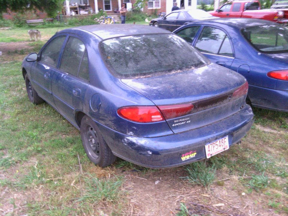 Blue 1999 Ford Escort sedan, rear view, with a dented bumper and a license plate reading 4TP548F