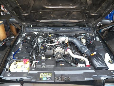 2003 Ford Crown Victoria - Open engine bay view of a Crown Victoria with V8, charge piping and yellow battery at left.