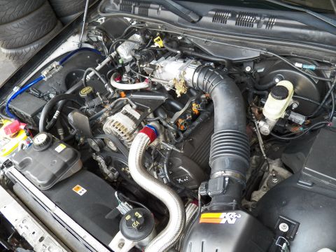 2003 Ford Crown Victoria - Detailed view of a V8 engine bay showing K&N filter, alternator and braided silver hose.