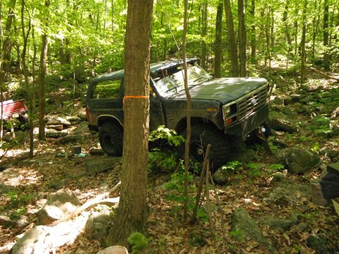 1988 Ford Bronco - A Ford Bronco navigates a challenging, rocky path through a dense forest.