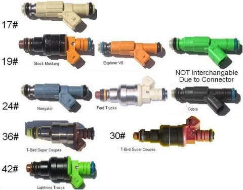 1967 Ford Mustang - A collection of fuel injectors for various Ford vehicles, including Mustangs, Explorers, and trucks.
