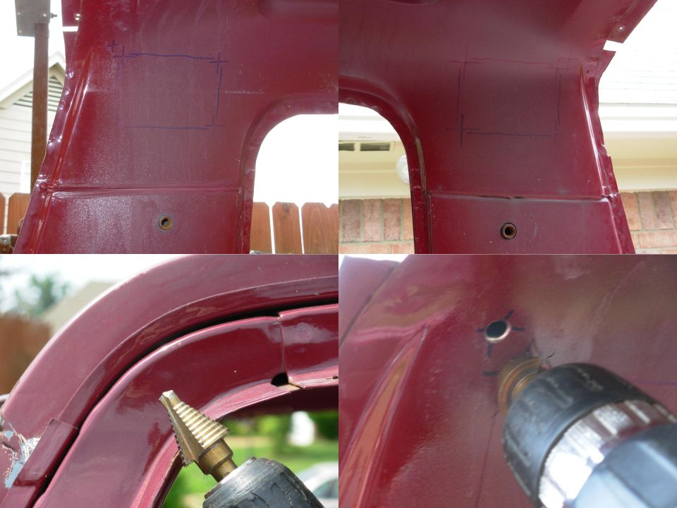 After marking the holes & cuts, I checked that the drill bit wouldn't hit the outer skin, and then punched in.