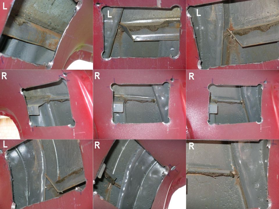 These pics fan across each opening.  Note the distinct difference in the lip of the roof panel.  The angled flap on the L may have to be bent down for the repair panel to sit flat.