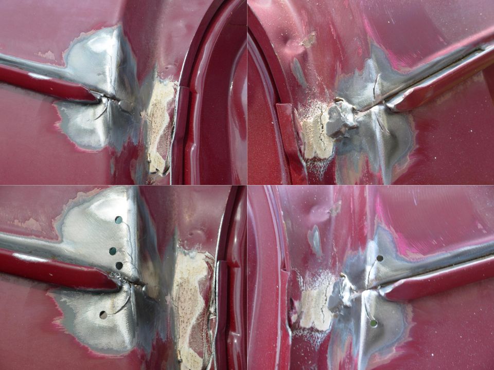 Four-panel close-up of maroon body panel with ground welds, filler patches, and drilled holes during repair