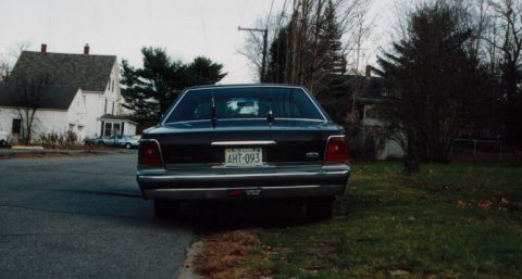1991 Ford LTD Crown Victoria - Straight-on rear view of a dark green Ford LTD Crown Victoria sedan parked at the curb of a residential street, showing full-width tail lam…
