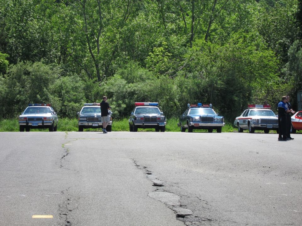 Five vintage police sedans parked in a row at a tree-lined lot with people standing by