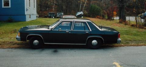 1991 Ford LTD Crown Victoria - Side profile of a dark green or black boxy Ford LTD Crown Victoria four-door sedan on steel wheels with chrome dog-dish caps, parked on a g…