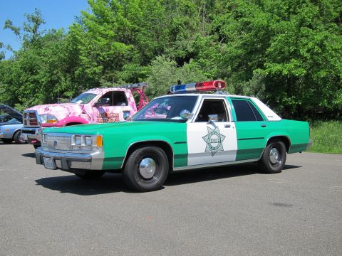 1991 Ford LTD Crown Victoria - green-and-white police sedan with a star door emblem and roof lightbar, parked beside a pink truck at a show.