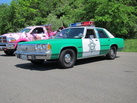 1991 Ford LTD Crown Victoria - green-and-white police sedan with a star emblem and roof lightbar parked next to a pink pickup truck.