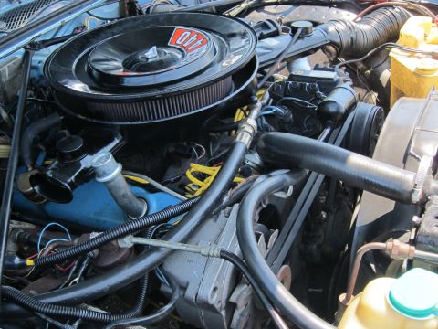 1991 Ford LTD Crown Victoria - Close-up of an engine bay with a round black air cleaner, hoses, and wiring in a vintage car.