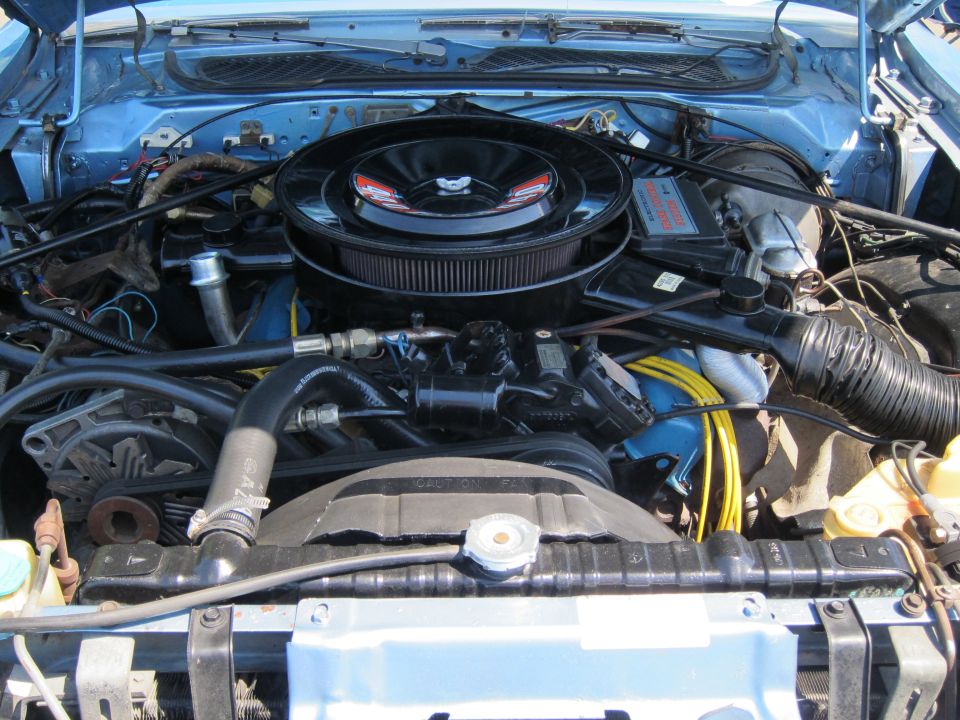 Engine bay close-up with chrome air cleaner and blue V8 engine
