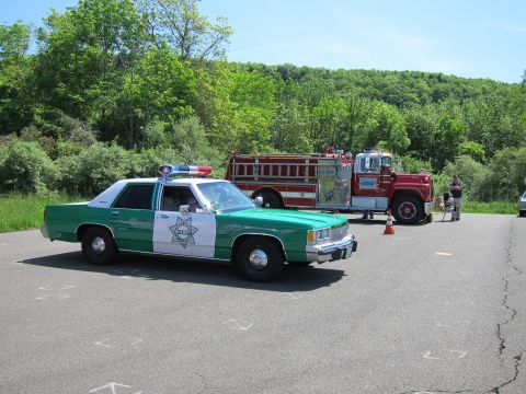 1991 Ford LTD Crown Victoria - green-and-white police sedan with star emblem parked near a red fire truck in an open lot with wooded hills behind.