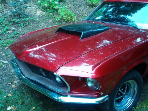1978 Ford Bronco - Front view of a red 1969 Ford Mustang Mach 1 with a black hood scoop.