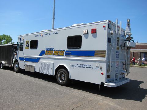1991 Ford LTD Crown Victoria - white Connecticut State Police Traffic Services Unit box truck lettered DUI Enforcement Breath Alcohol Testing Unit.