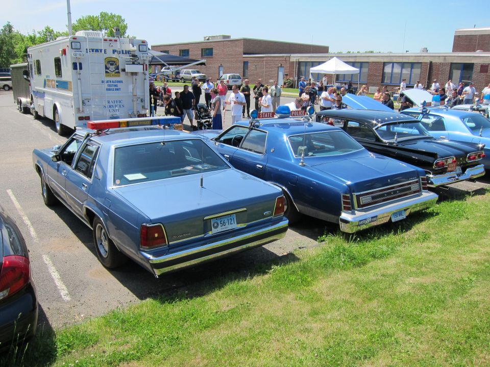 Rear view of police sedans parked in a row on grass with box truck behind