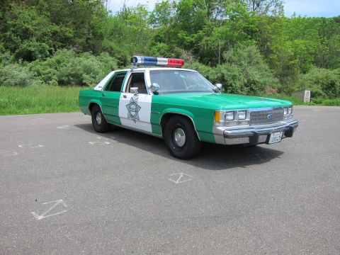 1991 Ford LTD Crown Victoria - green-and-white vintage Ford police sedan with a sheriff-style star emblem and light bar parked on a paved lot near trees.