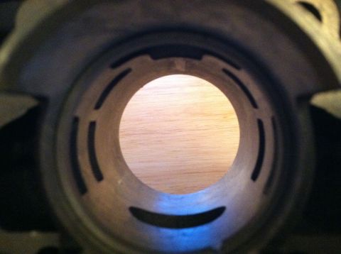 1981 Garelli Rally Sport - Close-up view of the interior of a motorcycle engine cylinder, showing porting details.