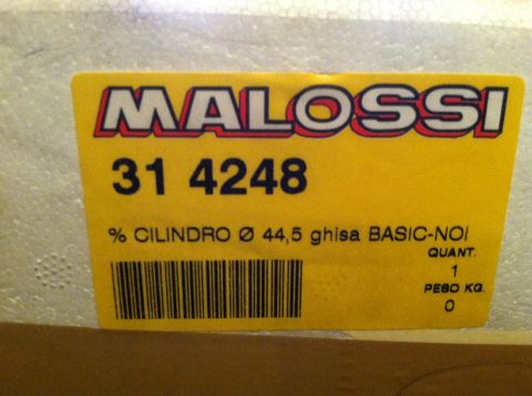 1981 Garelli Rally Sport - Malossi part label with product number 31 4248 and specifications for a 44.5mm cylinder.