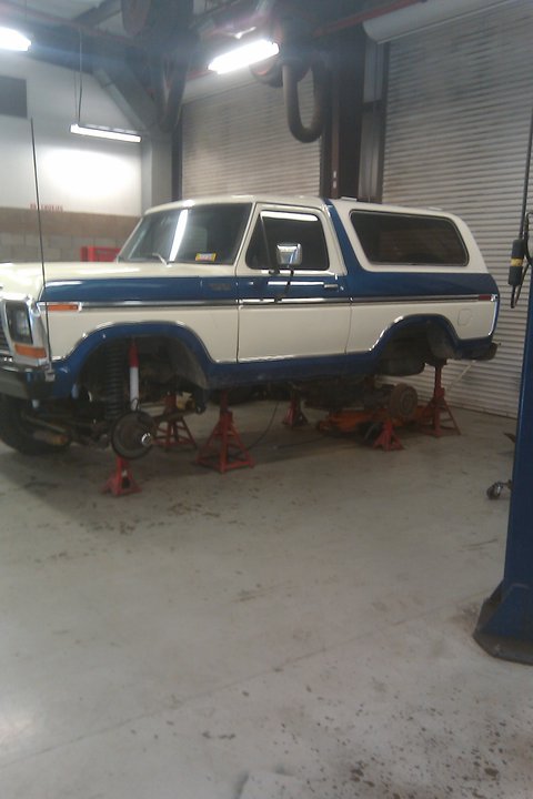 1979 Ford Bronco - This two-tone Ford Bronco is elevated on red jack stands for maintenance work inside a workshop.