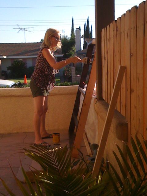 1968 Ford Mustang - A woman paints a wooden fence while standing on a ladder.