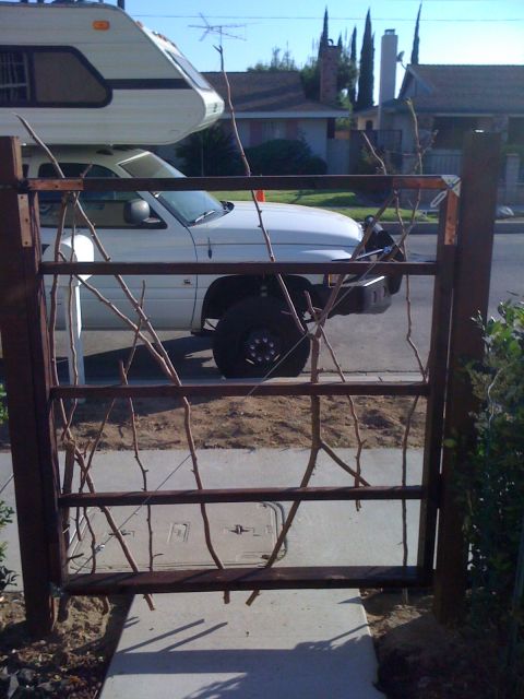1968 Ford Mustang - A white pickup truck with a camper is parked in front of houses, viewed through a rustic gate.