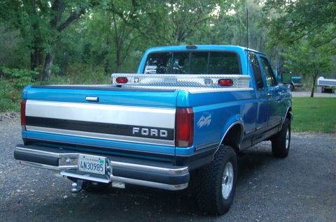 1992 Ford F-150 - This 1992 Ford F-150 pickup truck is shown from the rear, a bright blue exterior and a silver stripe on the tailgate.