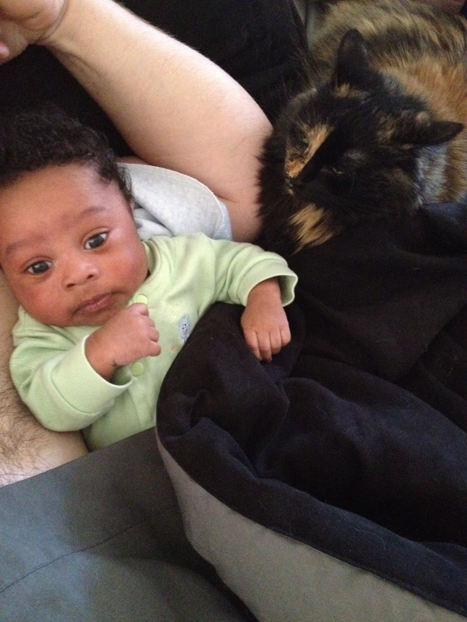 Baby in a light green onesie rests on a person's lap next to a tortoiseshell cat