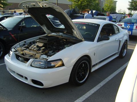 2007 Ford Mustang - A white Ford Mustang is parked with its hood open, revealing the engine compartment. Other vehicles are visible in the background.