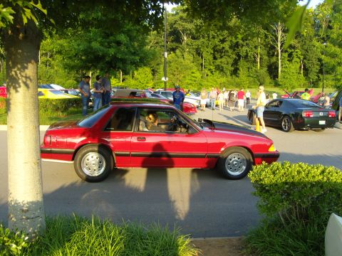 2007 Ford Mustang - A red coupe with a prominent hood scoop is parked at an outdoor gathering with other vehicles and people.