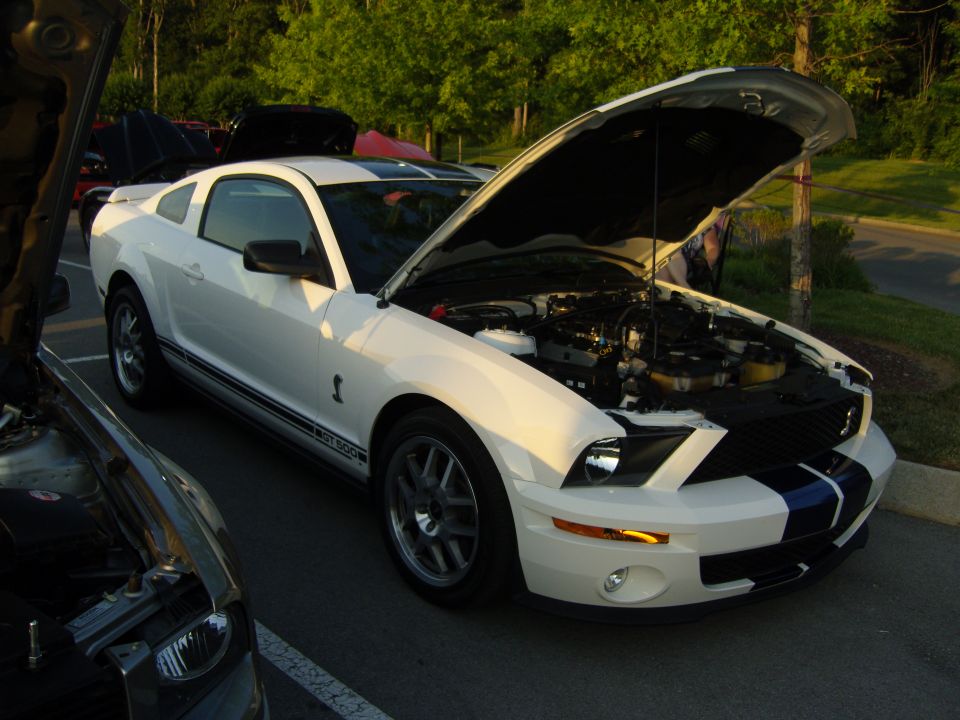 White 2007 Ford Mustang Shelby GT500 with hood open, showing engine. Another car is partially visible to the left