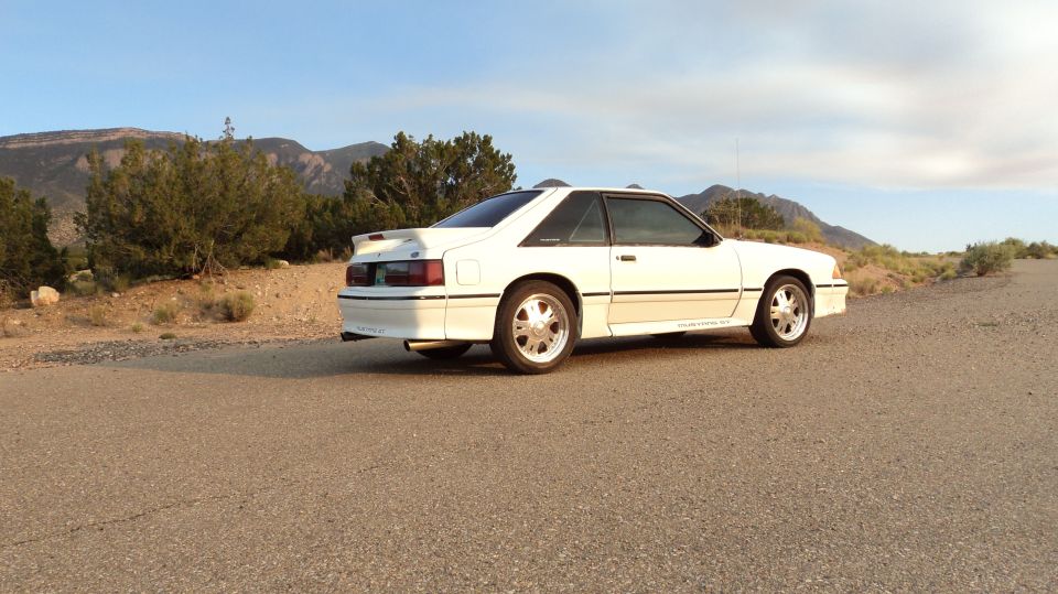 White 1989 Ford Mustang coupe with a spoiler parked on a rural road